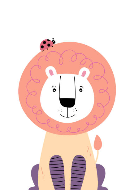 Cute lion with ladybug on the head. Poster for baby room. Childish print for nursery. Design can be used for fashion t-shirt, greeting card, baby shower. Vector illustration. Cute lion with ladybug on the head. Poster for baby room. Childish print for nursery. Design can be used for fashion t-shirt, greeting card, baby shower. Vector. czech lion stock illustrations