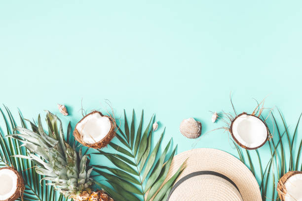 istock Summer composition. Tropical palm leaves, hat, coconut, pineapple on mint background. Summer concept. Flat lay, top view 1251514399
