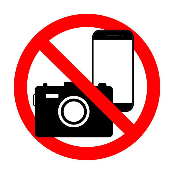 Phone forbidden sign. Photography prohibited. Photo ban icon with camera and mobile. Stop symbol of use cellphone, call smartphone, do video. Area of warning about telephone off. Logo of mute. Vector Phone forbidden sign. Photography prohibited. Photo ban icon with camera and mobile. Stop symbol of use cellphone, call smartphone, do video. Area of warning about telephone off. Logo of mute. Vector. warning sign photos stock illustrations