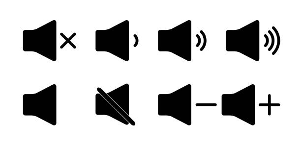wyciszenie ikony dźwięku. głośność i dźwięk w górę lub w dół. przycisk głośnika wyłączony lub tryb cichy. znak głośnego szumu muzyki. symbole paska syreny dla aplikacji odtwarzacza. poziom dzwonka głośności, głos dla komputera. wektor - moving down flash stock illustrations