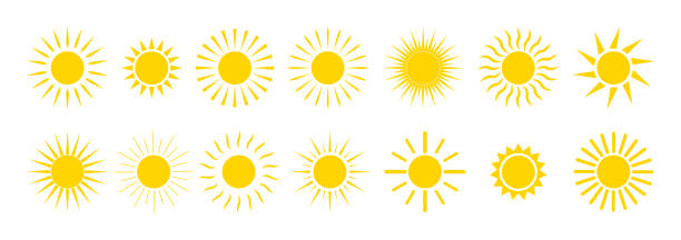 ikony słońca. żółty letni wschód i zachód słońca. kreskówka graficzny symbol słońca. słoneczny poranek ze światłem słonecznym. zestaw pomarańczowych okręgów z jasnymi promieniami. upały. logo energii natury. wektor - backgrounds sunbeam horizontal spring stock illustrations