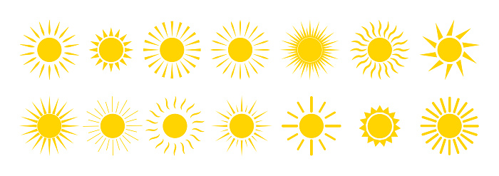 Sun Icons Yellow Summer Sunrise And Sunset Cartoon Graphic Sunshine Symbol  Sunny Morning With Sunlights Set Of Orange Circles With Bright Rays Heat  Weather Logo Of Nature Energy Vector Stock Illustration -