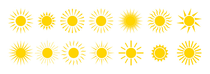 Sun Icons Yellow Summer Sunrise And Sunset Cartoon Graphic Sunshine Symbol Sunny Morning With Sunlights Set Of Orange Circles With Bright Rays Heat Weather Logo Of Nature Energy Vector Stock Illustration - Sun Icons Yellow Summer Sunrise And Sunset Cartoon Graphic Sunshine Symbol Sunny Morning With Sunlights Set Of Orange Circles With Bright Rays Heat Weather Logo Of Nature Energy Vector Stock Illustration -