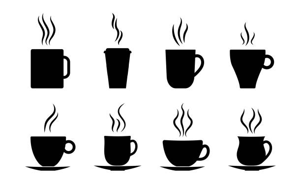 illustrations, cliparts, dessins animés et icônes de icône des tasses à café. silhouette de thé chaud, latte, espresso à la vapeur. symbole de café. boisson de café de tasse à emporter. logo graphique noir pour le restaurant. casser pour le cappuccino d’arôme. ensemble simple. vecteur - coffee aromatherapy black black coffee