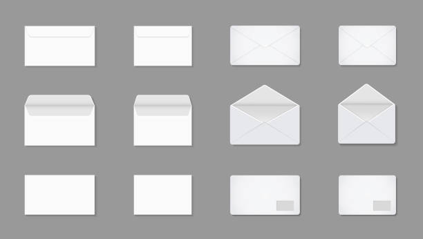 エンベロープの白い文字。ポスト用のa4、a5、c5の空白のモックアップ。メール用の開閉紙カード。ドキュメントの前に封筒。オフィス、ビジネス、メッセージの文房具のためのテンプレート� - 封筒 白点のイラスト素材／クリップアート素材／マンガ素材／アイコン素材