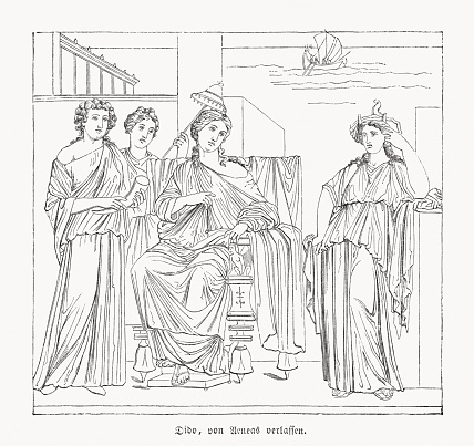 Dido, abandoned by Aeneas. Scene from the Roman mythology. Wood engraving after a fresco in Pompeii (House of Meleager, 1st century A.D), now in the National Archaeological Museum, Naples, Italy, published in 1868.