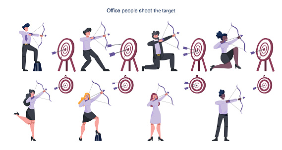 Business people aiming in target and shooting with arrow set. Employee shoot the target. Ambitious man and woman shooting. Idea of success and motivation. Vector illustration in cartoon style
