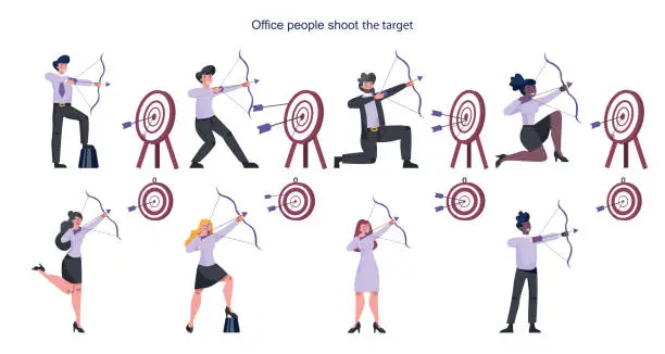 Vector illustration of Business people aiming in target and shooting with arrow set. Employee shoot the target.