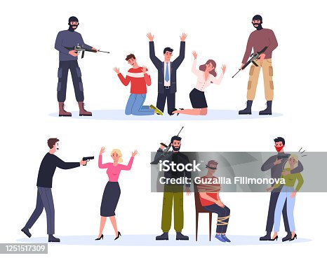 istock Terrorist and hostage. Man in mask holding gun and attack people. Criminals holding woman 1251517309