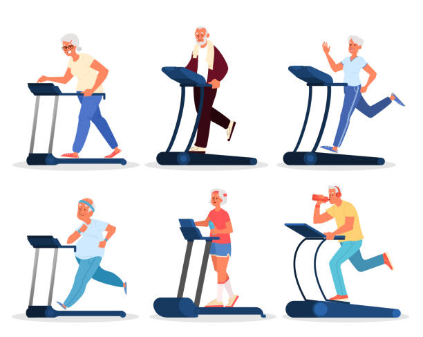 Old people in the gym. Seniors training on treadmill. Fitness program for elderly people. Old people in the gym. Seniors training on treadmill. Fitness program for elderly people. Healthy lifestyle concept. Isolated vector illustration in cartoon style cartoon of the older people exercising gym stock illustrations