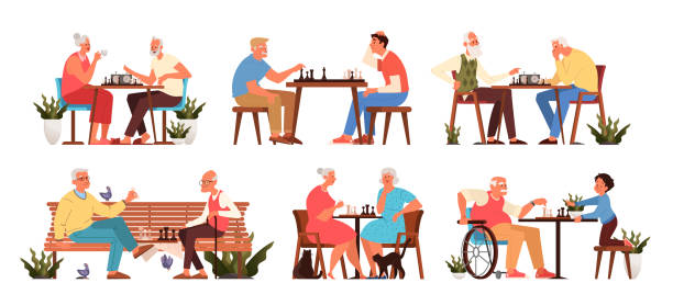 ilustraciones, imágenes clip art, dibujos animados e iconos de stock de los ancianos juegan al ajedrez. el anciano peope sentado en la mesa con tablero de ajedrez. ajedrez - juego de ajedrez
