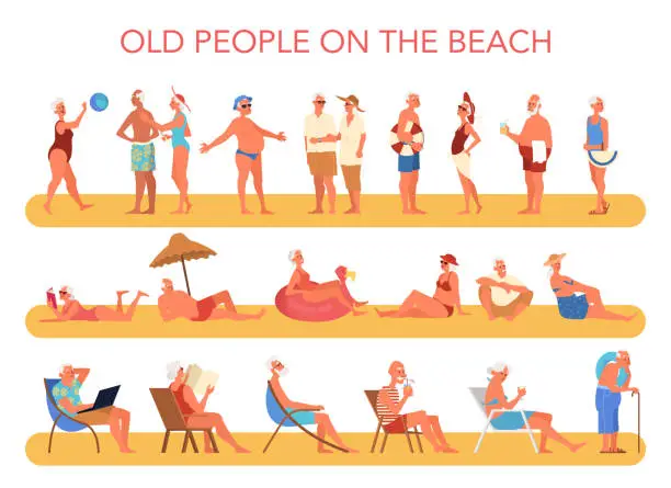 Vector illustration of Happy and active seniors spending time on the beach. Retired people on their summer