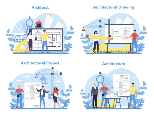 아키텍처 개념 집합입니다. 건설 프로젝트 및 건설 작업의 아이디어. 집의 계획, - drawing compass architecture work tool engineering stock illustrations