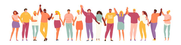 Holding hands people vector set Group of smiling people holding hands. Multicultural and social unity, friendship and support. Vector characters on a white background arms raised illustrations stock illustrations