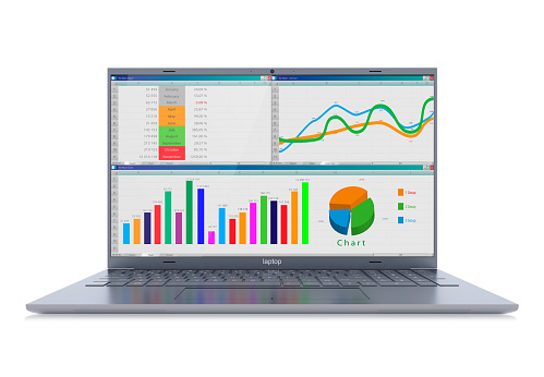 Enterprise financial report with graphs and charts on a screen of modern laptop, front view isolated on white background. Selective focus on display and keyboard. Profit growth chart. 3d rendering.