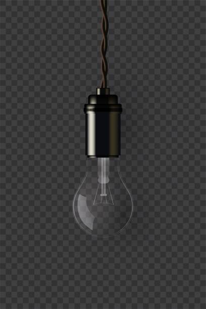 Vintage extinguished lamp holding on wire on dark transparent background. Vector isolated design element. Vintage extinguished lamp holding on wire on dark transparent background. Vector isolated design element pics of restaurant ceiling design stock illustrations