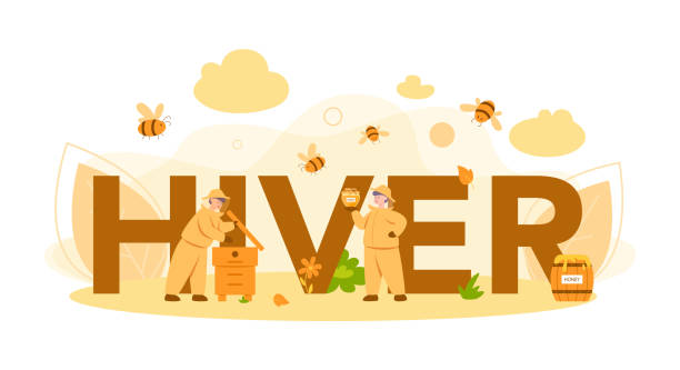 Hiver or beekeeper typographic header concept. Professional farmer with hive and honey. Hiver or beekeeper typographic header concept. Professional farmer with hive and honey. Countryside organic product. Apiary worker, beekeeping and honey production. Vector illustration hiver stock illustrations