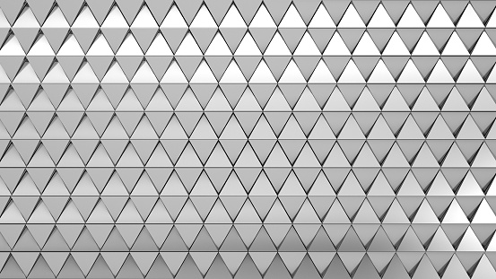 Abstract Silver Metal Triangle Polygon Wall Background. Dark Grey Tri Polygon Wall. 3D Rendering.