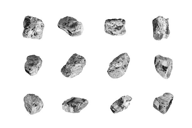 istock Silver stones set white background isolated closeup, iron mine nugget collection, gray metallic rock samples texture, raw metal ore pieces, group shiny grey lumps, natural mineral chunk, rough rubbles 1251523799