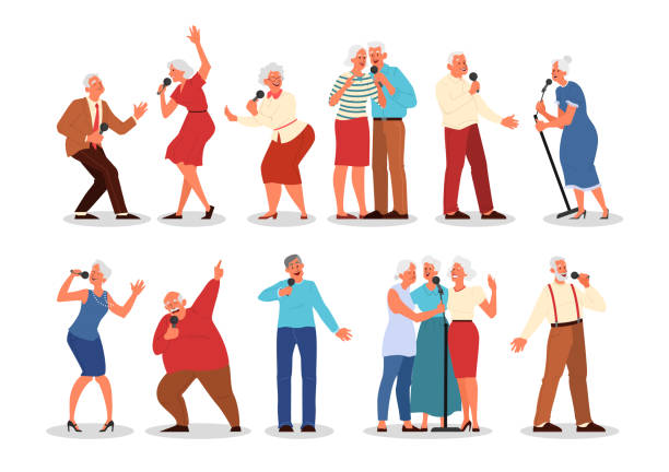 ilustraciones, imágenes clip art, dibujos animados e iconos de stock de personas mayores cantando karaoke. viejo peope cantando canción con micrófono. ancianos - sing