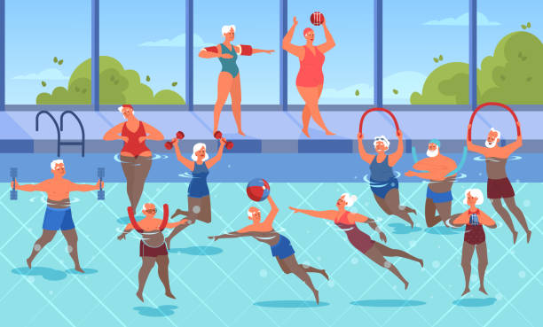 Old people doing exercise with ball and dumbbell in swimming pool. Elderly character Old people doing exercise with ball and dumbbell in swimming pool. Elderly character have an active lifestyle. Senior in water. Isolated flat illustration cartoon of the older people exercising gym stock illustrations