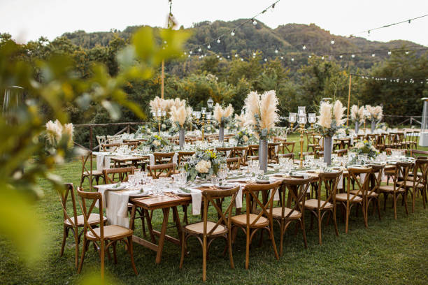 свадебный стол, установленный в стиле бохо с травой пампасов и зеленью - restaurant banquet table wedding reception стоковые фото и изображения