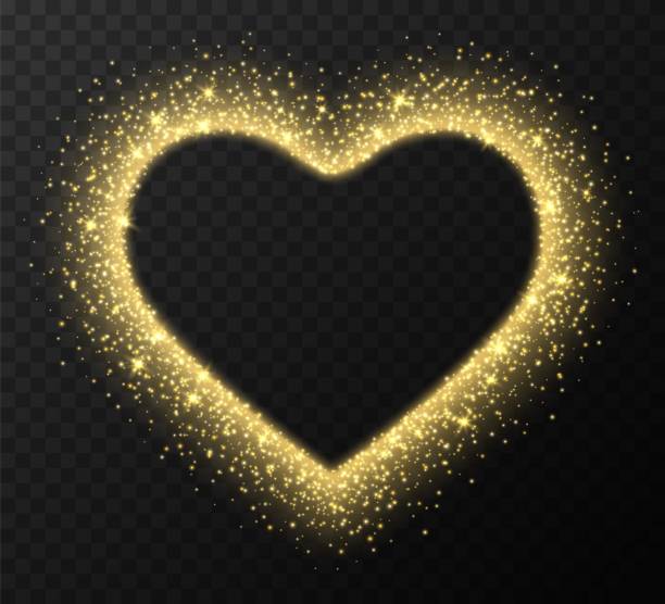 złota ramka serca z błyszczykami i flarami, abstrakcyjne cząsteczki świetlne, żółty efekt światła gwiezdnego - fabolous sign neon light day stock illustrations