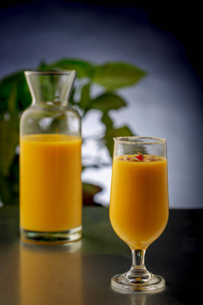 istock mango smoothie in clear glasses to drink 1251526661