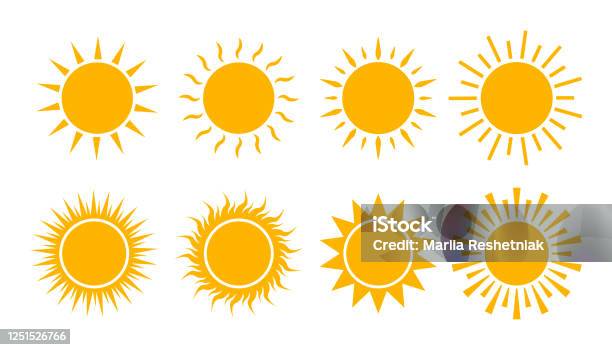 Ilustración de Conjunto De Iconos De Sol Amarillo Logotipo De Sol Plano Verano Señal Caliente Simple La Luz Del Sol Estalló Para Ui Móvil Símbolo Climático Silueta Abstracta Solar Ilustración Vectorial y más Vectores Libres de Derechos de Sol