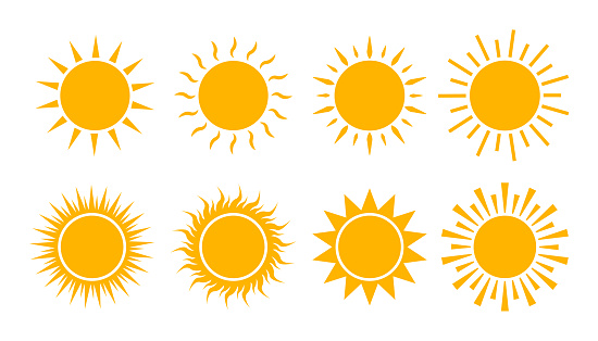 Yellow sun icon set. Flat sunshine logo summer. Simple hot sign. Sunlight burst isolated for ui, mobile. Climate symbol. Abstract silhouette solar. vector illustration