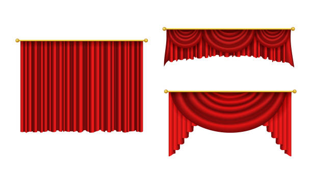 Red curtains for theater scene. Realistic curtain cornice decor for interior of cinema, opera. Theatre velvet decoration for premiere. Luxury satin textile lambrequin. vector silk curtain set. Red curtains for theater scene. Realistic curtain cornice decor for interior of cinema, opera. Theatre velvet decoration for premiere. Luxury satin textile lambrequin. vector silk curtain set opera stock illustrations