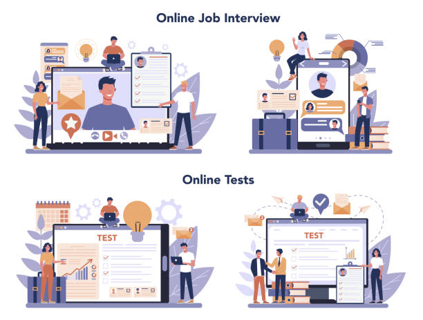 job-interview online-service oder plattform-set. idee der beschäftigung und einstellung. online-interview - azubi stock-grafiken, -clipart, -cartoons und -symbole