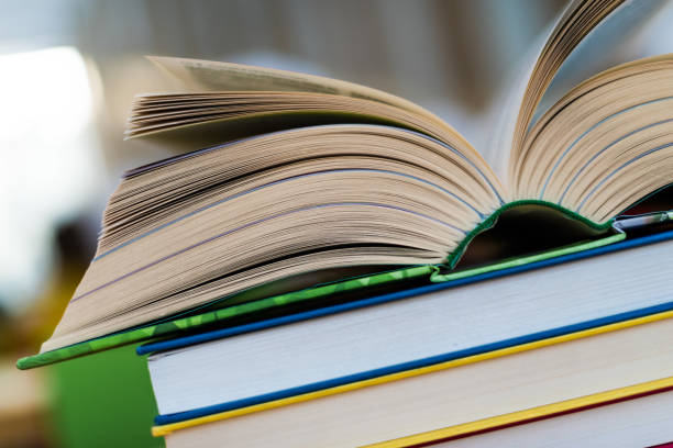 istock Open book lying on the table in the library 1251529571