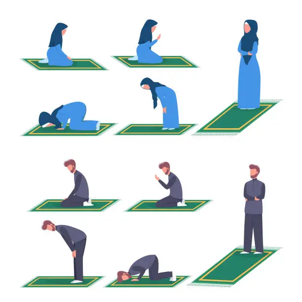 Vector illustration of Muslim woman and man praying position. Woman and man in traditinal clothes doing
