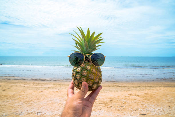 istock Chopped fresh pineapple with sunglasses, Summer travel concept. 1251530137