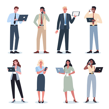 Business woman and man with gadgets set. Collection of female and male character in suit holding smartphone, tablet or laptop. Internet and network in device. Isolated flat vector illustration