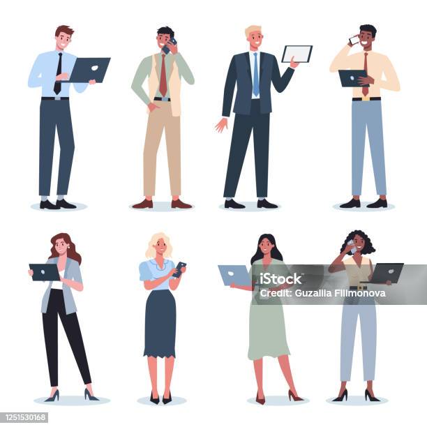 Business Woman And Man With Gadgets Set Collection Of Female And Male Character Stock Illustration - Download Image Now