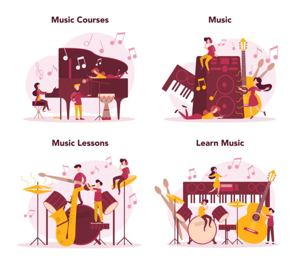 Musician and music course set. Young performer playing music with professional equipment. Musician and music course set. Young performer playing music with professional equipment. Talented musician playing musical instrumentss. Vector illustration. music class stock illustrations