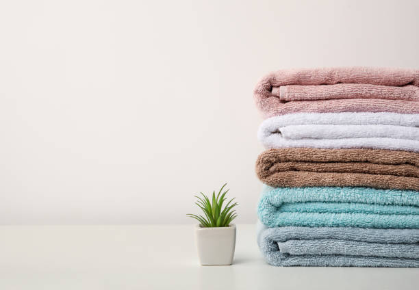 istock Stack of bath towels and home plant stand on white background 1251531426