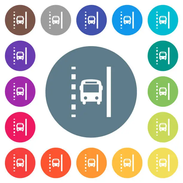 Vector illustration of Bus lane flat white icons on round color backgrounds