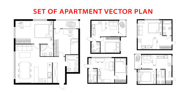 Architecture plan set of apartment, studio, condominium, flat, house. Architecture plan apartment set, studio, condominium, flat, house. One, two bedroom apartment. Interior design elements kitchen, bedroom, bathroom with furniture. Vector architecture plan. Top view. bathroom patterns stock illustrations