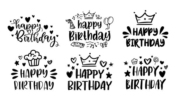 happy birthday schriftzug zeichen typografie-set. - birthday first place cake symbol stock-grafiken, -clipart, -cartoons und -symbole