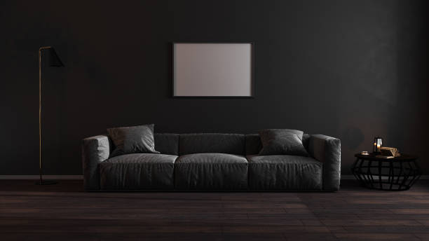 istock Horizontal blank poster frames mock up in luxury dark living room interior with gray sofa, modern interior background, 3d illustration 1251531582