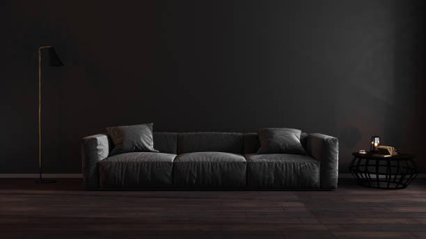 istock Luxury dark living room interior with gray sofa mock up, modern interior background, empty black wall mockup, 3d illustration 1251531600