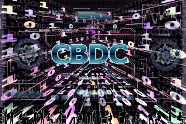 istock Binary code tunnel on black background and silhouette of people in office. The inscription CBDC (Central Bank Digital Currency) 1251532569