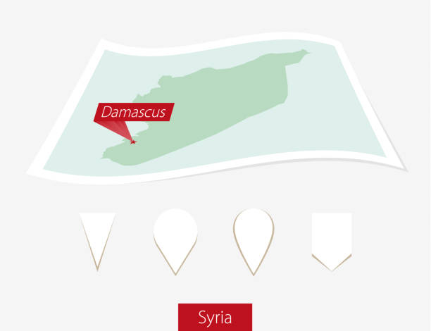gebogene papierkarte von syrien mit hauptstadt damaskus auf grauem hintergrund. vier verschiedene map-pin-set. - syria map cartography damascus stock-grafiken, -clipart, -cartoons und -symbole