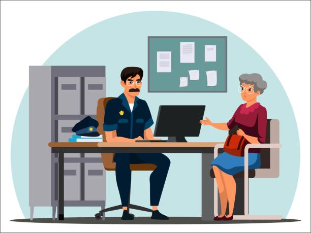 Vector character illustration work of police department Work of police department. Elderly woman suffered from attack of criminal, sits in detective office, gives evidence. Police officer accepts attack statement on old lady. Vector character illustration police interview stock illustrations