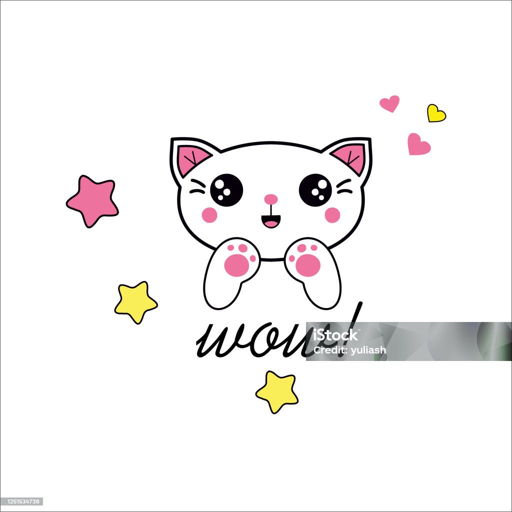 Cute White Cat And Text Wow Kawaii Positive Emotions Childrens