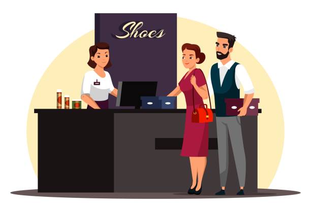 wektorowa ilustracja sceny sklepu obuwniczego - shoe store sales clerk customer stock illustrations