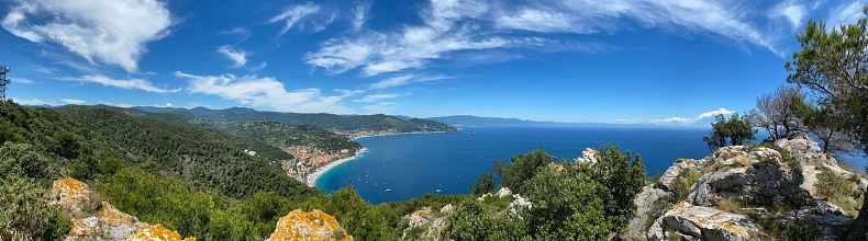 Panoramic view of the bay in front of Noli, Spotorno and Bergeggi, Liguria - Italy